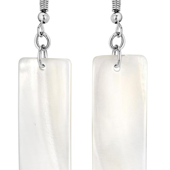 Beautiful Ocean Shell Dangle Earrings, Rectangular Handmade, White, 3.11 In - Picture 1 of 6